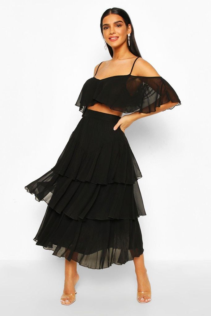 Womens Chiffon Shoulder Top & Ruffle Midi Skirt Co-Ord Set - Black - 10, Black