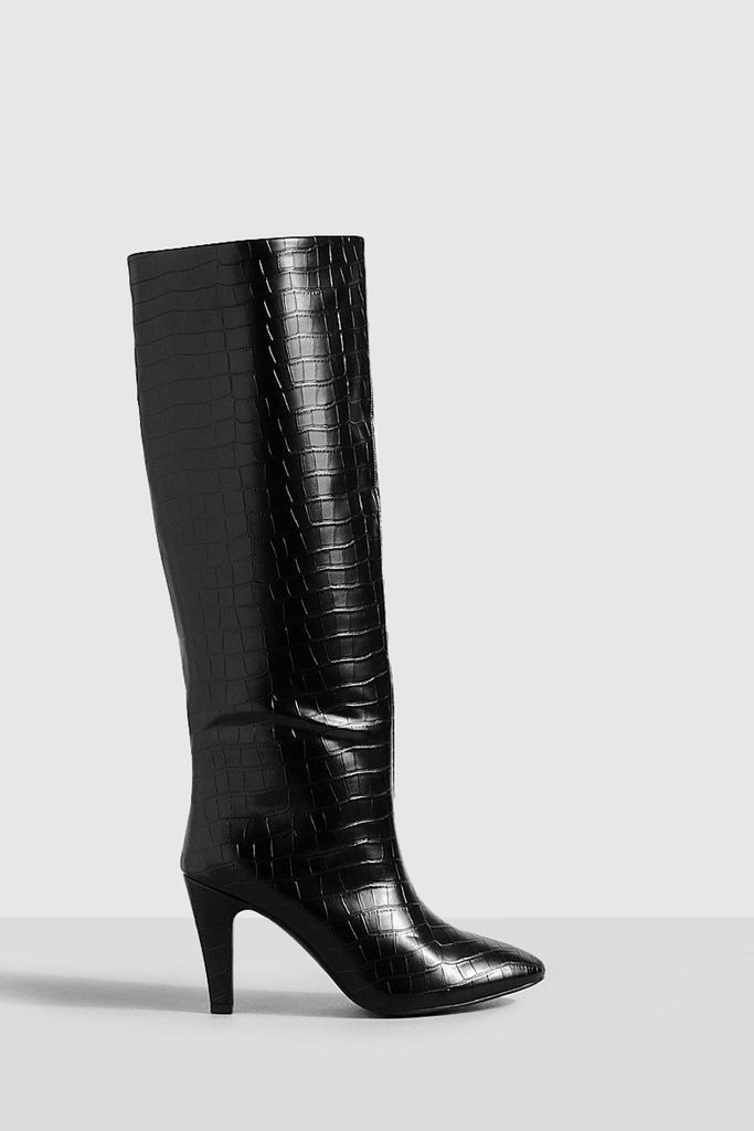 Womens Low Heel Pointed Knee High Boots - Black - 4, Black