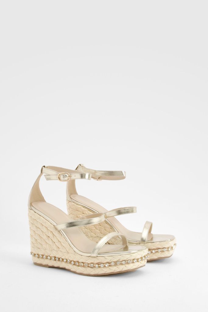 Womens Double Strap Embellished Detail Espadrille Wedges - Gold - 3, Gold