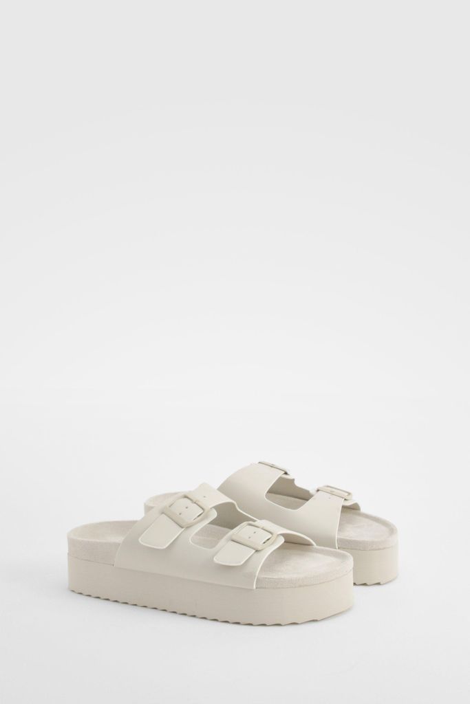 Womens Platform Double Strap Footbed Buckle Sliders - White - 3, White
