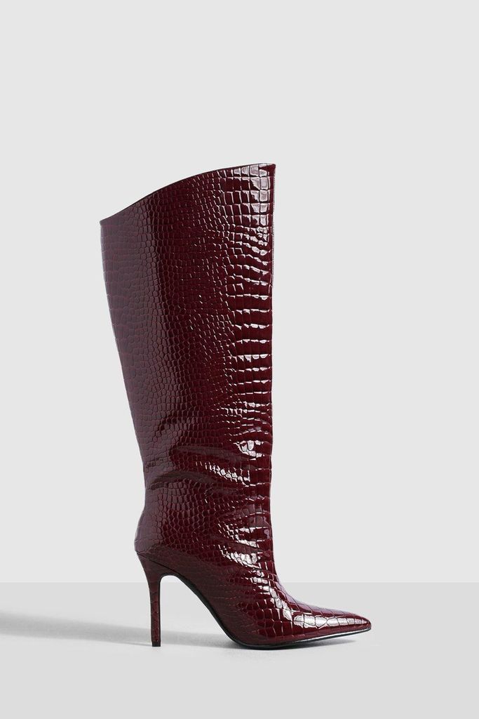 Womens Asymmetric Croc Mid Height Stiletto Knee High Boots - Red - 6, Red
