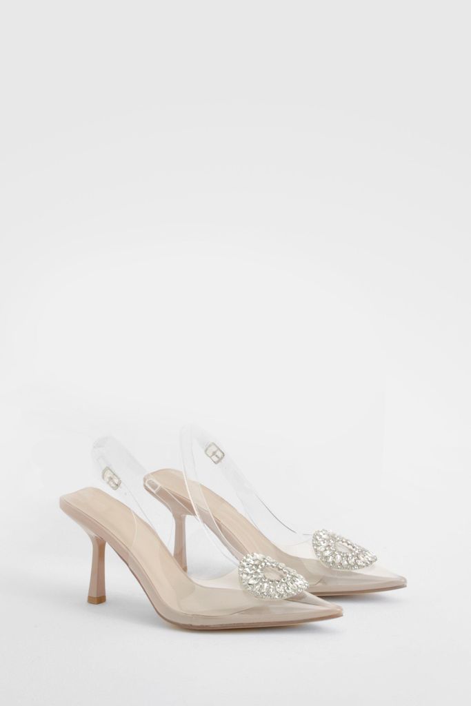 Womens Embellished Detail Clear Slingback Court Heel - Beige - 3, Beige