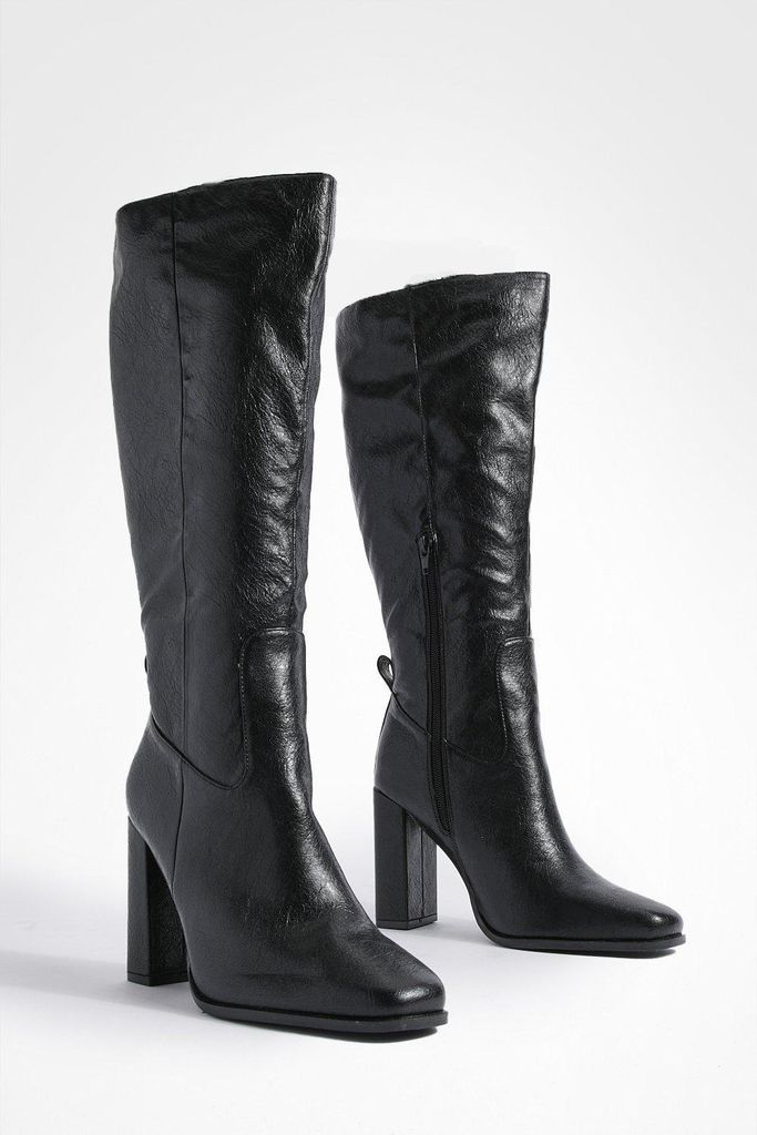 Womens Wide Fit Block Heel High Shine Knee High Boots - Black - 5, Black