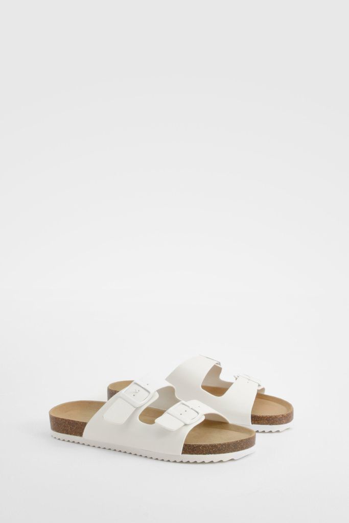 Womens Double Strap Footbed Buckle Sliders - White - 3, White