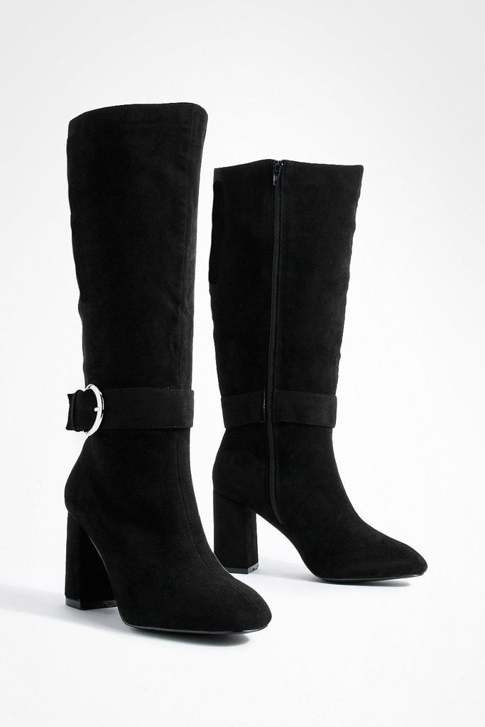 Womens Wide Fit Buckle Block Heel Knee High Boots - Black - 5, Black