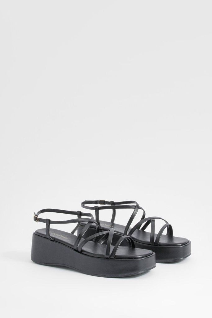 Womens Minimal Strappy Flatform Sandals - Black - 3, Black