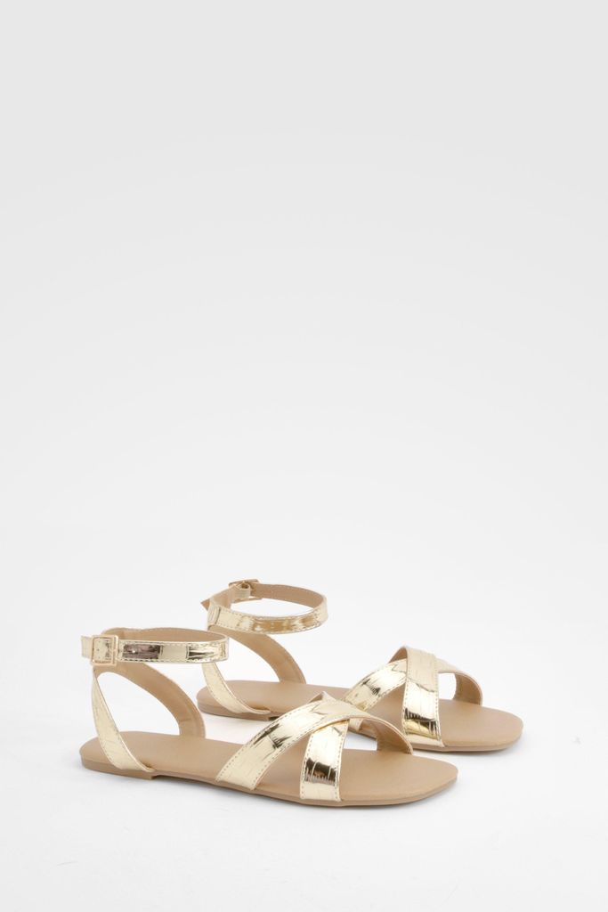 Womens Crossover Basic Flat Sandals - Gold - 4, Gold