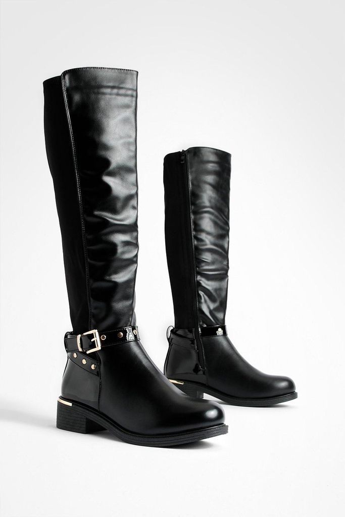 Womens Stud And Buckle Detail Stretch Panel Knee High Boots - Black - 8, Black