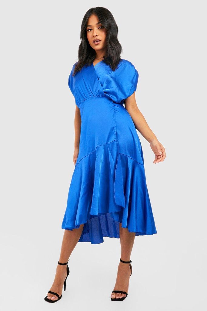 Womens Petite Satin Occasion Ruffle Hem Midi Dress - Blue - 4, Blue