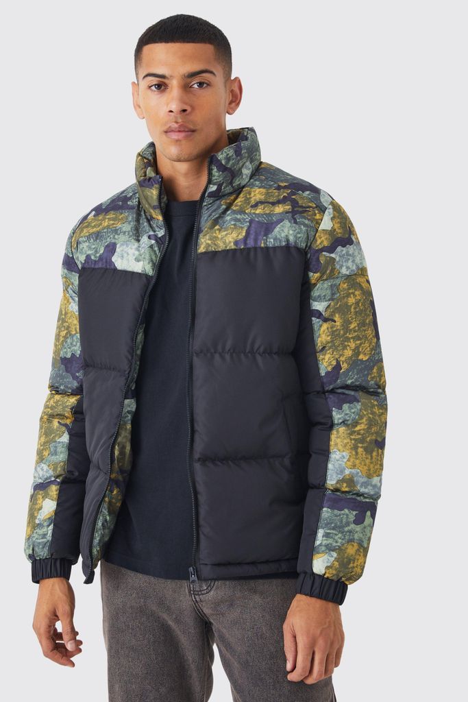 Men's Camo Colour Block Funnel Neck Puffer - Multi - L, Multi