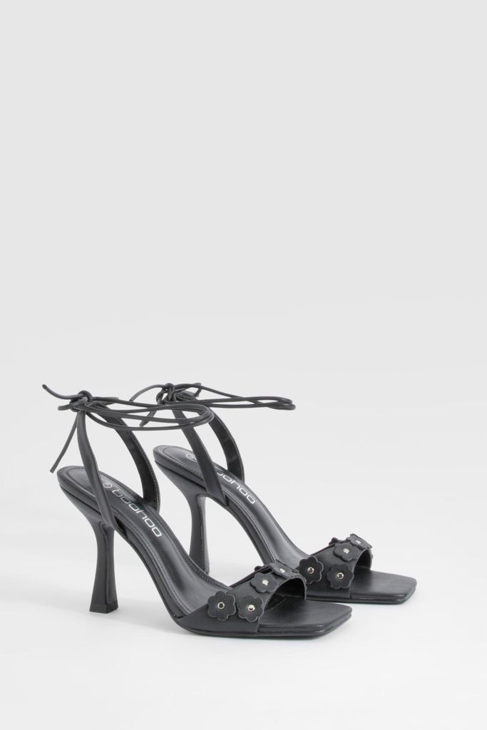 Womens Flower Detail Wrap Up Heels - Black - 5, Black