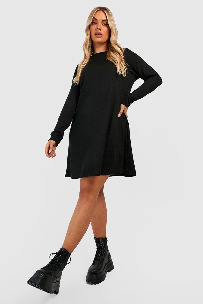 Womens Plus Melange Knitted Smock Dress - Black - 16, Black