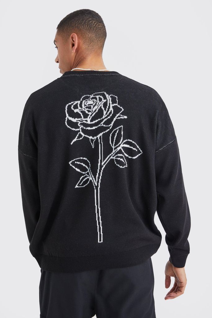Men's Oversized Line Graphic Rose Knitted Jumper - Black - L, Black
