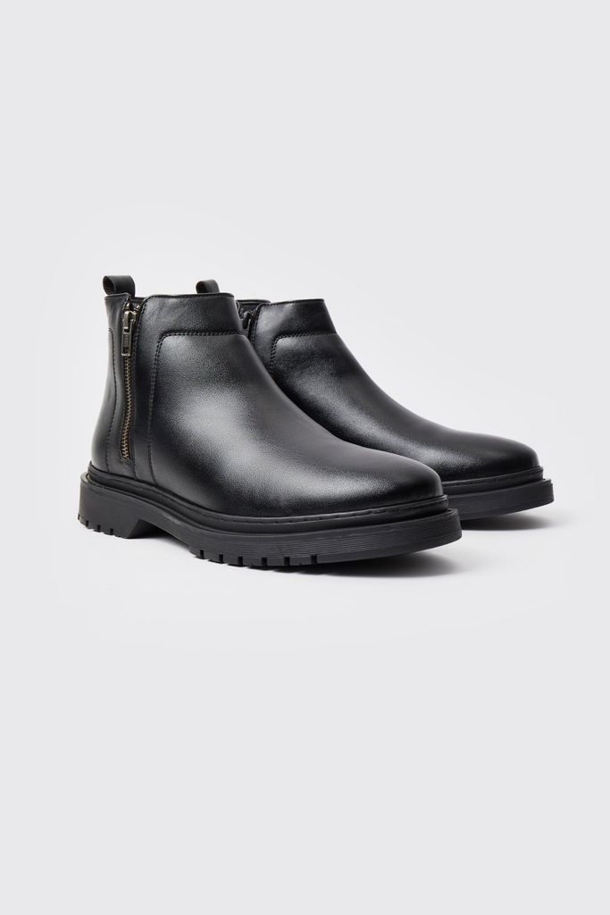 Men's Zip Detail Faux Leather Boots - Black - 8, Black