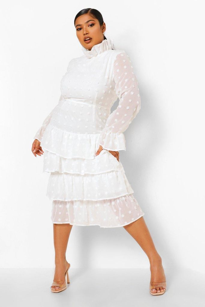 Womens Plus Polka Dot Ruffle Tiered Midi Dress - White - 16, White