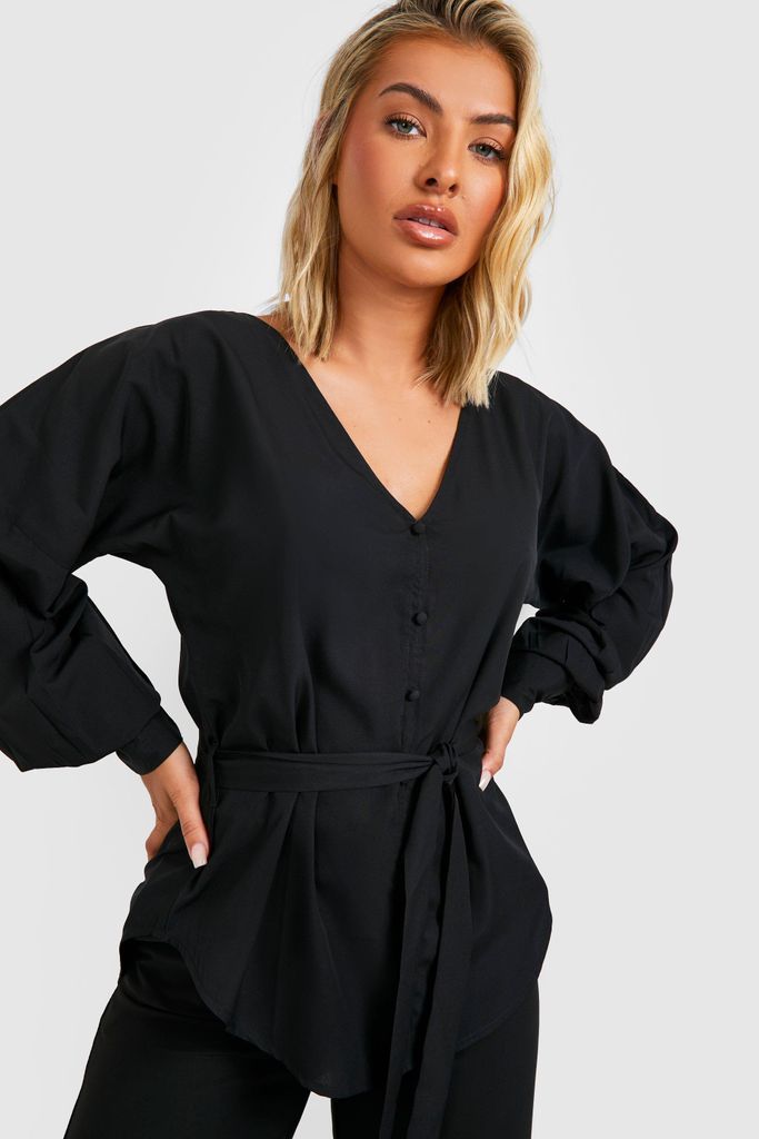 Womens Woven Button Detail Belted Blouse - Black - 12, Black
