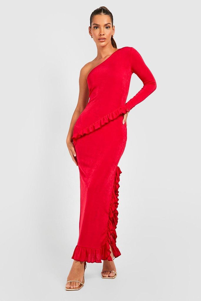 Womens Textured Slinky Ruffle One Shoulder Maxi Dress - 10, Red