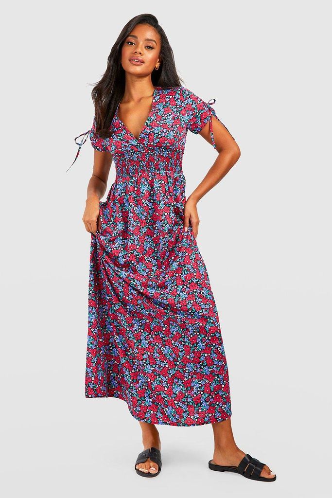 Womens Floral Shirred Tie Sleeve Maxi Dress - 10, Red