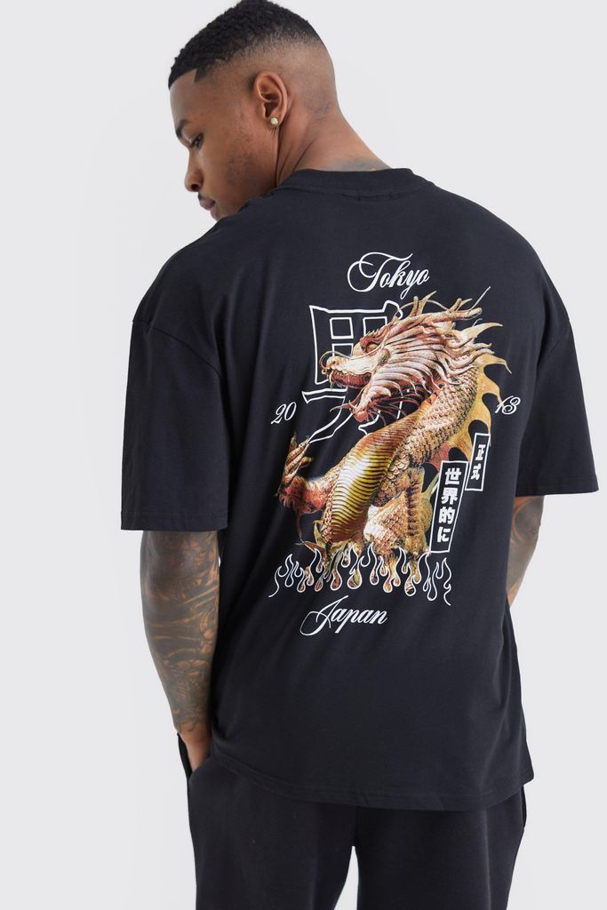 Men's Oversized Dragon Graphic T-Shirt - Black - M, Black