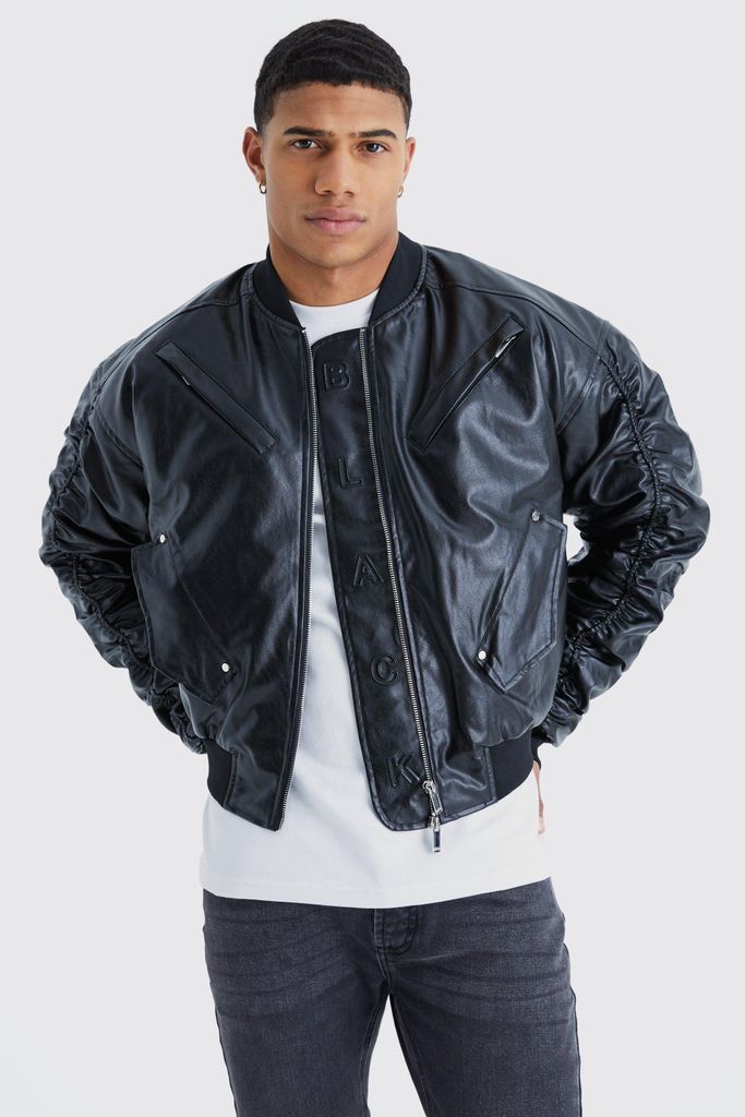 Men's Boxy Embossed Pu Bomber With Ruching - Black - L, Black