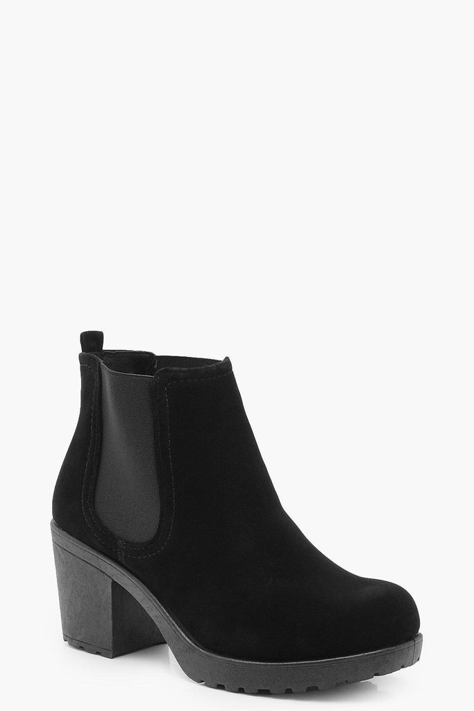 Womens Wide Fit Suedette Cleated Heel Chelsea Boots - Black - 6, Black