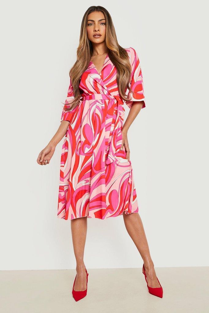 Womens Abstract Wrap Belted Midi Dress - Pink - 8, Pink
