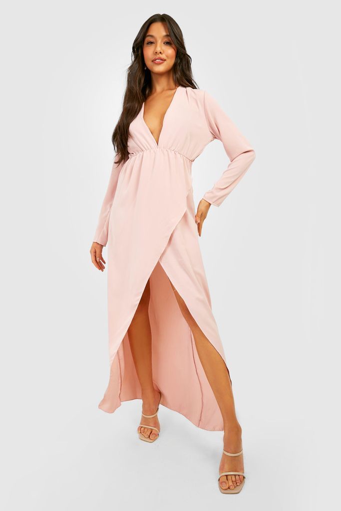 Womens Chiffon Long Sleeve Wrap Dress - Pink - 10, Pink
