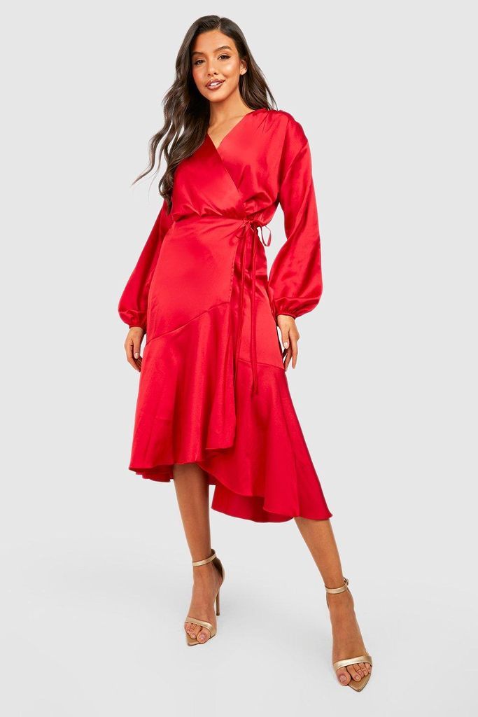 Womens Satin Wrap Ruffle Long Sleeve Midi Dress - Red - 10, Red