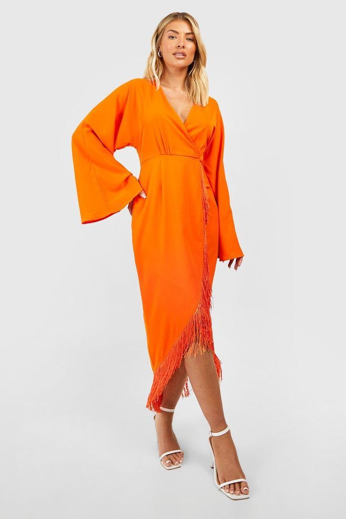 Womens Tassel Hem Wrap Midi Dress - Orange - 8, Orange
