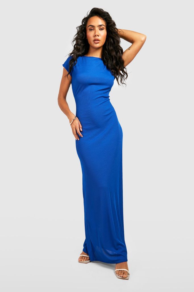 Womens Rib Cap Sleeve Loose Maxi Dress - Blue - 14, Blue