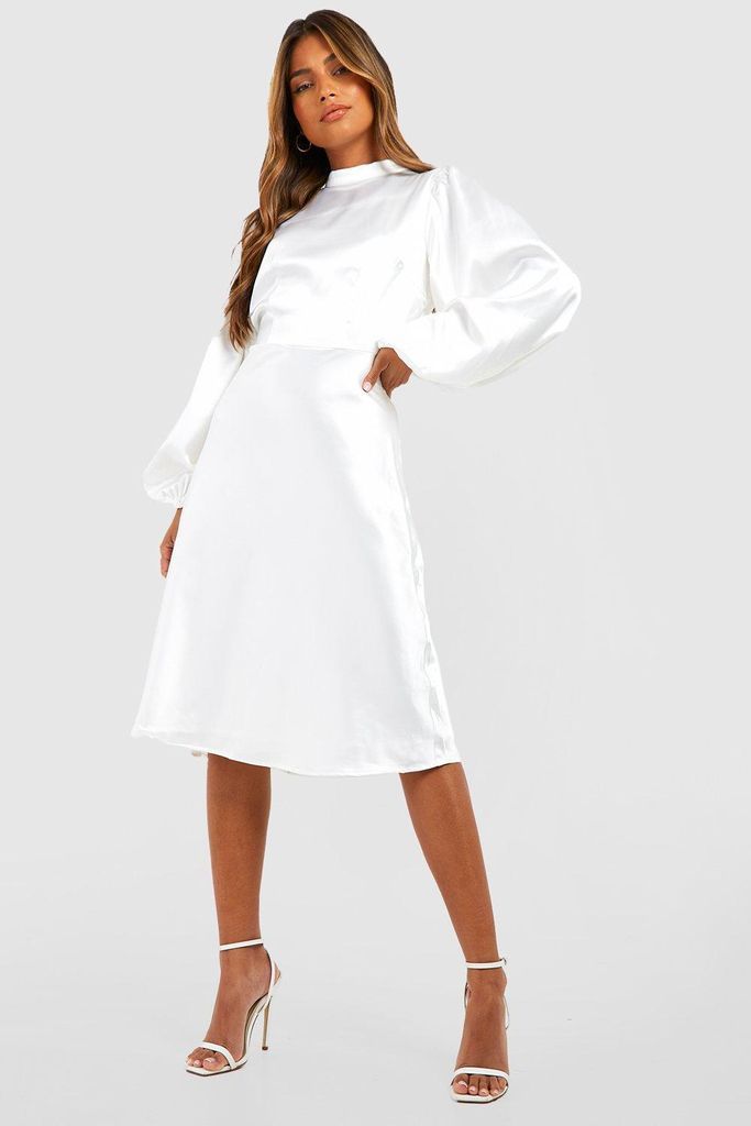 Womens Satin Long Sleeve Midi Dress - White - 8, White