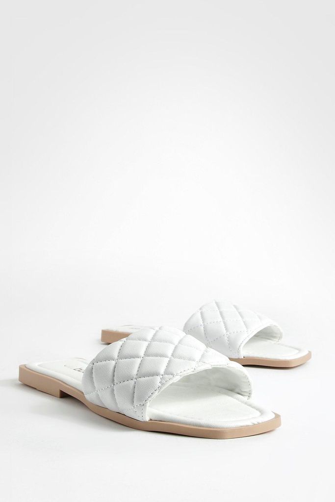 Womens Quilted Square Toe Mule Sandals - White - 6, White