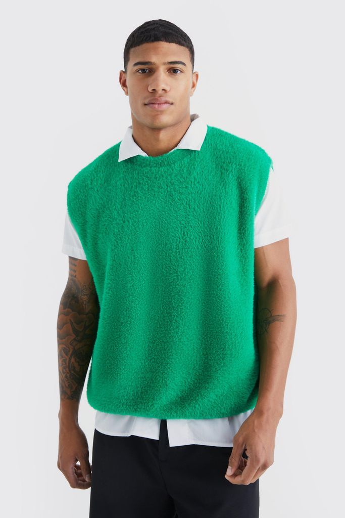 Men's Fluffy Knitted Vest - Green - L, Green