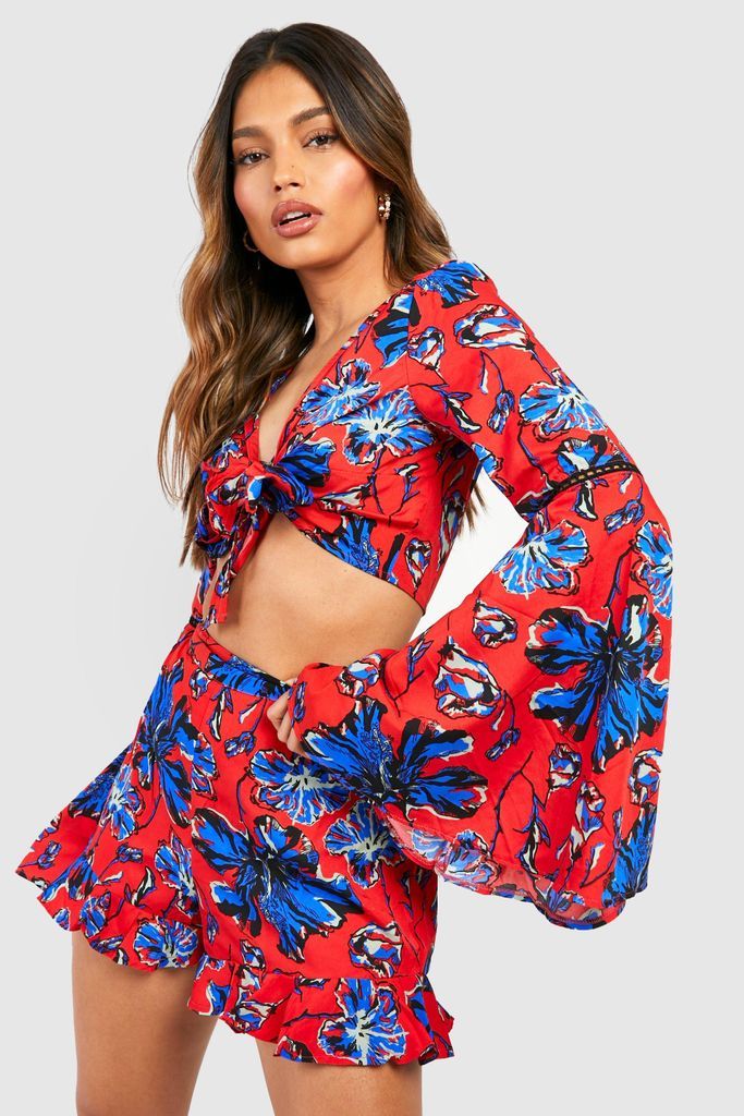 Womens Woven Floral Flared Sleeve Crop & Flippy Shorts - 8, Red