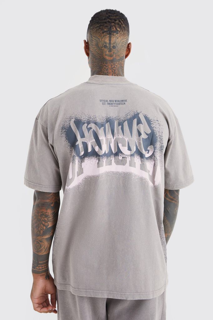 Men's Oversized Half Sleeve Graffiti Print T-Shirt - Grey - L, Grey
