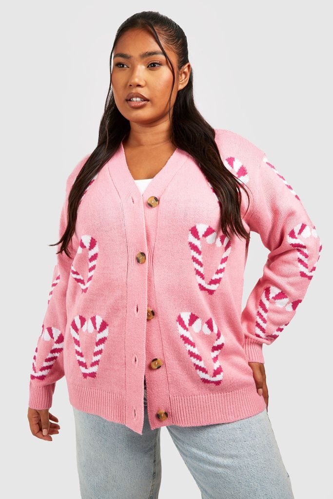 Womens Plus Candy Cane Christmas Cardigan - Pink - 16, Pink