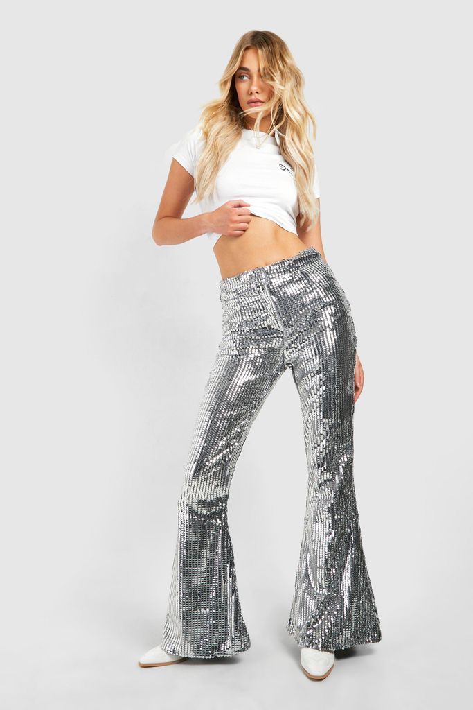 Womens Festival High Waist Sequin Flare Trousers - Grey - 6, Grey