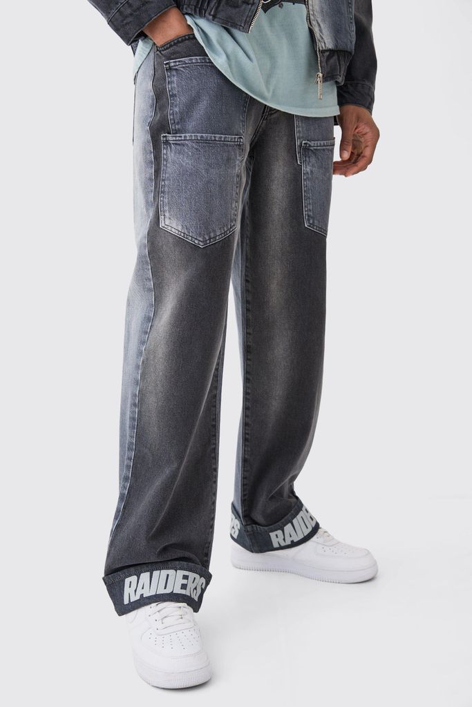 Men's Nfl Raiders Baggy Rigid Multi Pocket Spliced Jeans - Grey - 28R, Grey