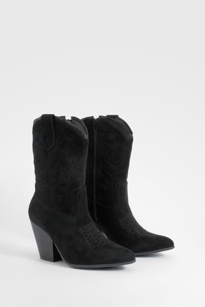 Womens Tab Detail Calf High Western Cowboy Boots - Black - 3, Black