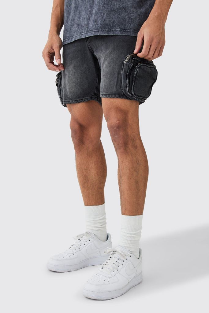 Men's Slim Fit 3D Pocket Cargo Denim Short - Grey - 32R, Grey