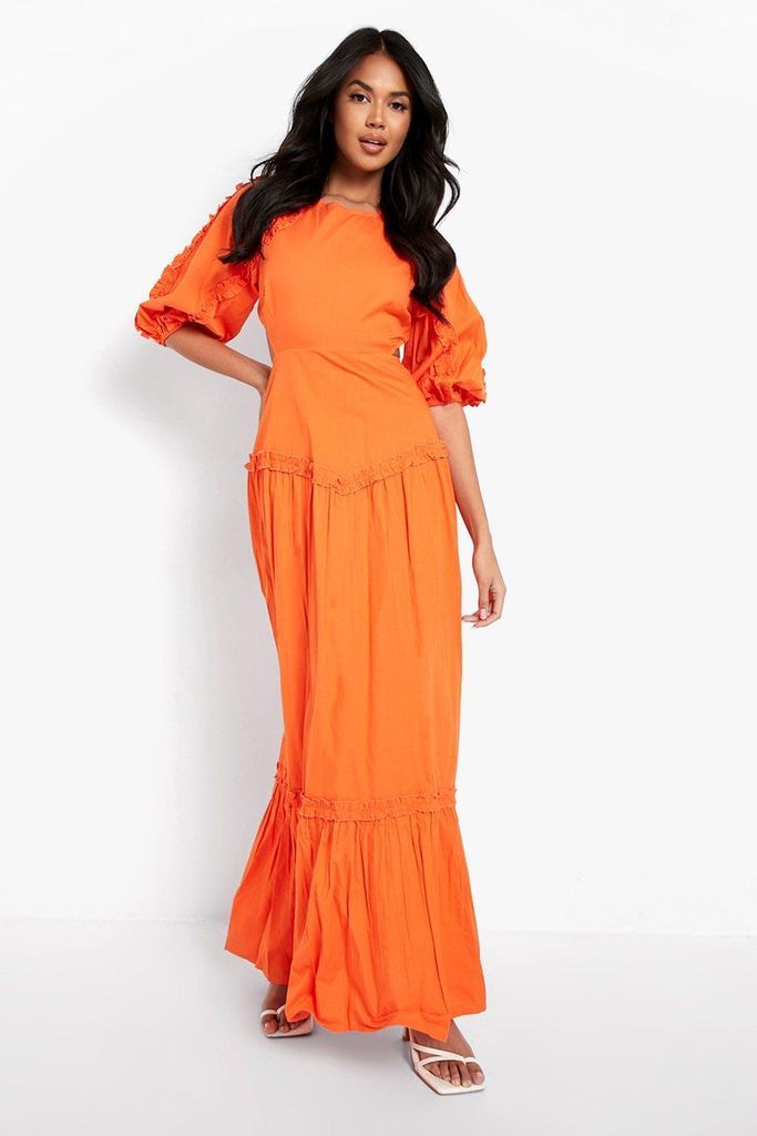 Womens Cotton Tiered Puff Sleeve Maxi Dress - Orange - 10, Orange