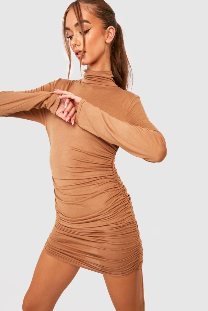 Womens Roll Neck Ruched Bodycon Dress - Beige - 18, Beige