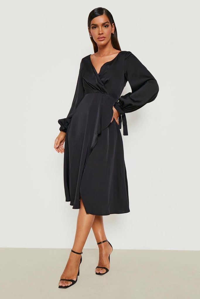 Womens Satin Long Sleeve Wrap Midi Dress - Black - 10, Black