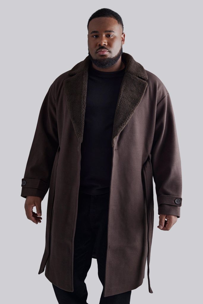 Men's Plus Wool Look Overcoat With Borg Collar - Brown - Xxxl, Brown