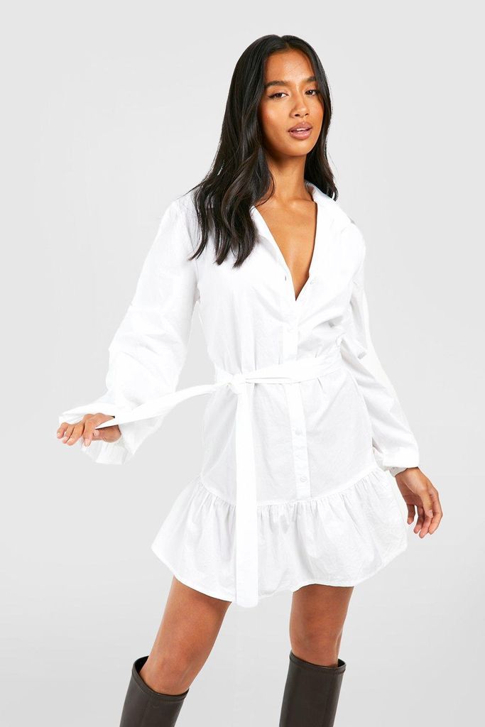 Womens Petite Cotton Ruffle Hem Belted Shirt Dress - White - 12, White