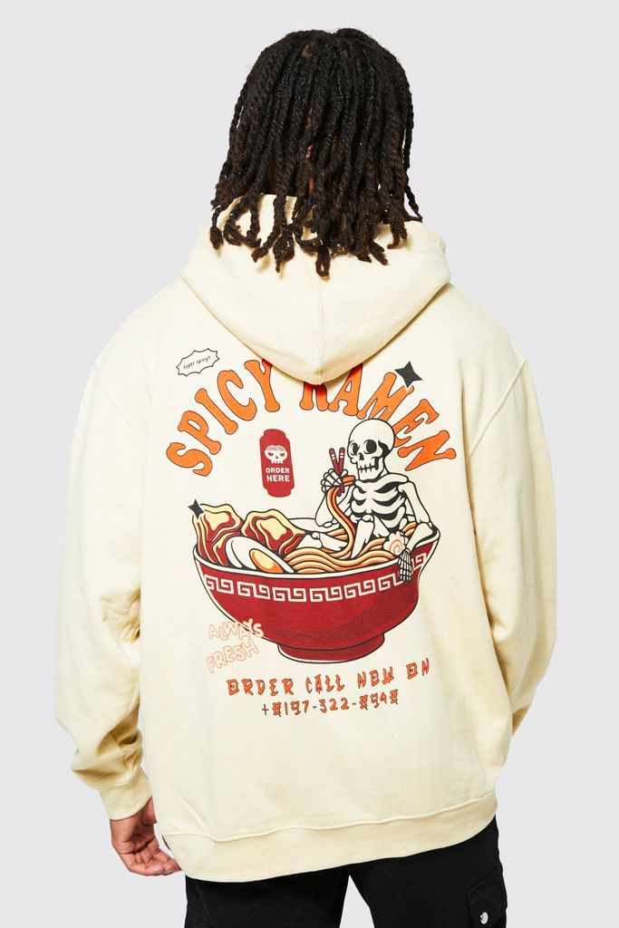 Men's Oversized Skeleton Ramen Graphic Hoodie - Beige - L, Beige