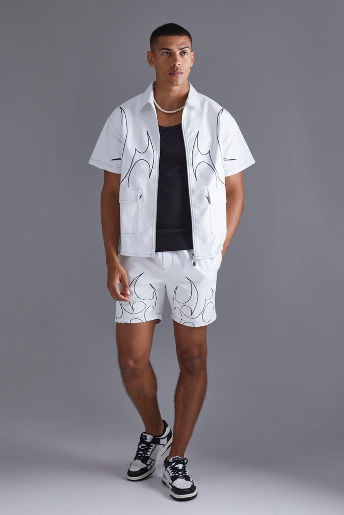 Men's Short Sleeve Boxy Pu Flame Zip Shirt & Short Set - White - Xl, White