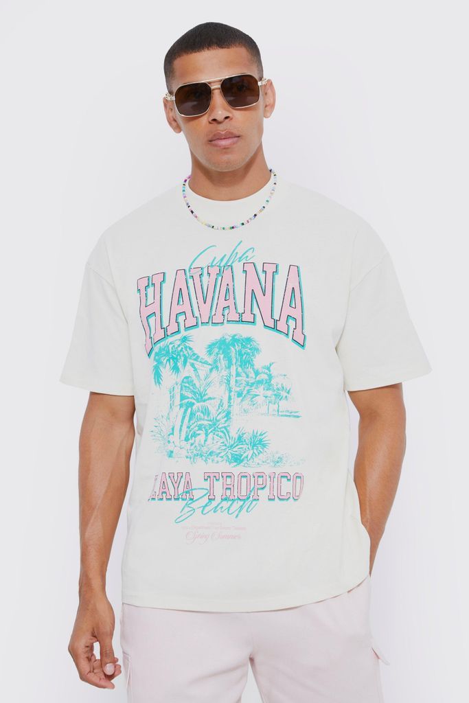 Men's Oversized Heavyweight Tropical Print T-Shirt - Cream - Xs, Cream