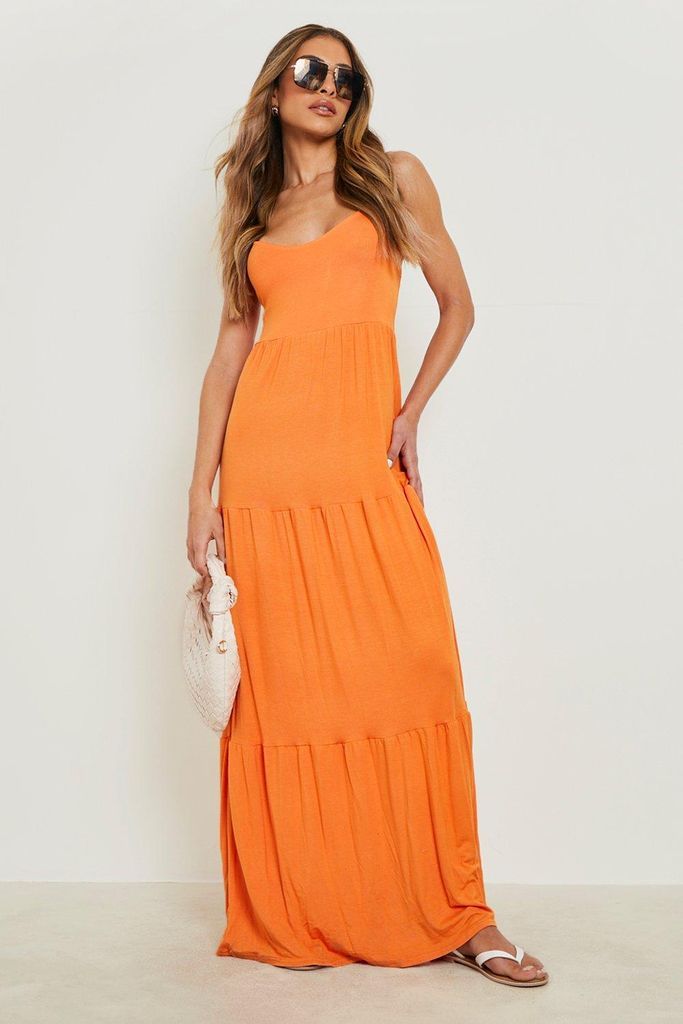 Womens V Neck Tiered Maxi Dress - Orange - 8, Orange