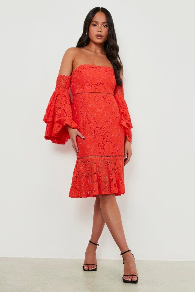 Womens Petite Lace Crochet Trim Bardot Midi Dress - Red - 6, Red